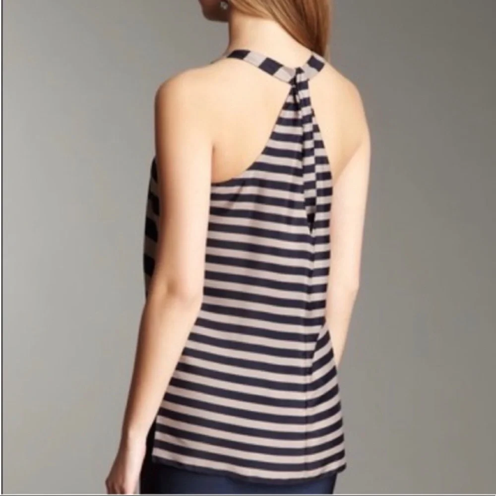 BCBG MAXAZRIA Edita Pure Silk Striped Navy and Tan Twisted Racer Back Tank Top